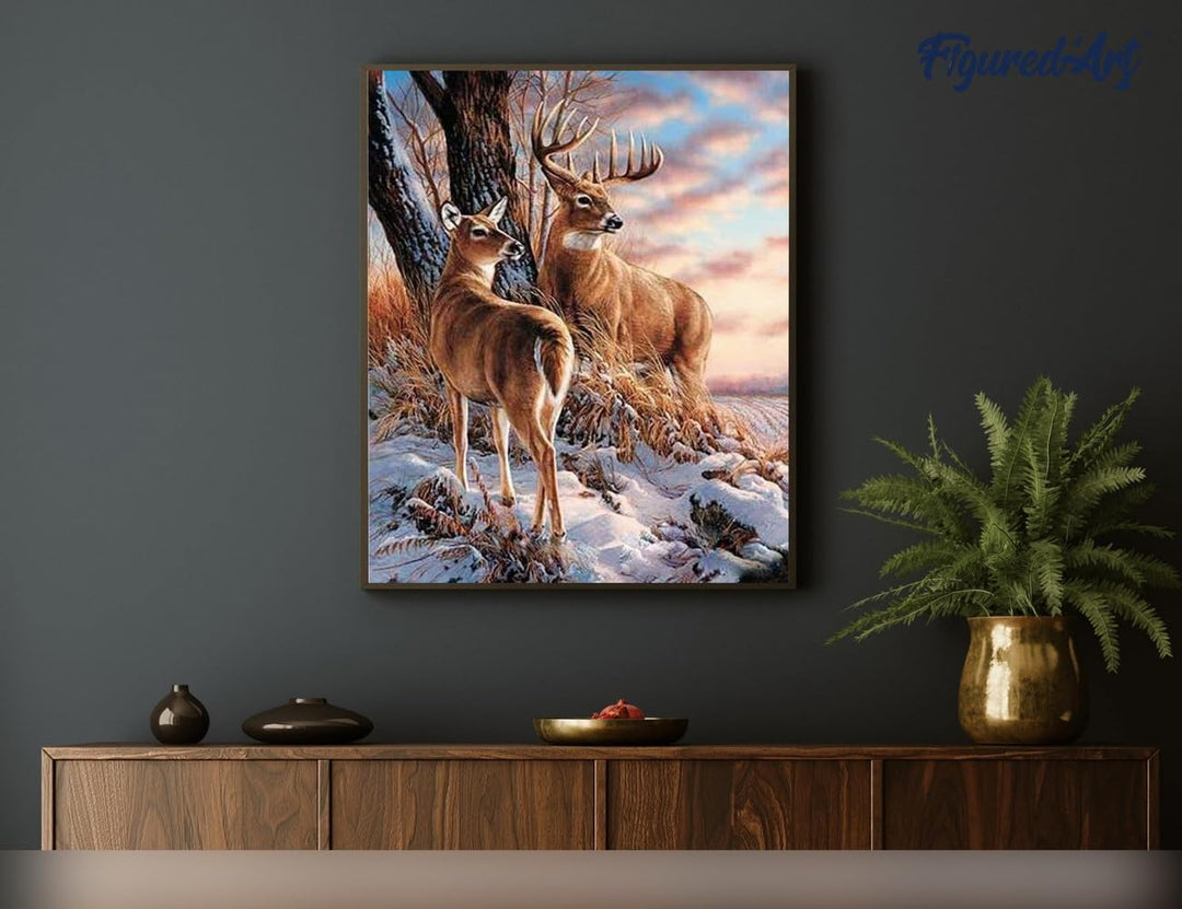 Figured'Art Malen Nach Zahlen Erwachsene Mit Rahmen Hirsch im Winter - Paint by Numbers Basteln DIY