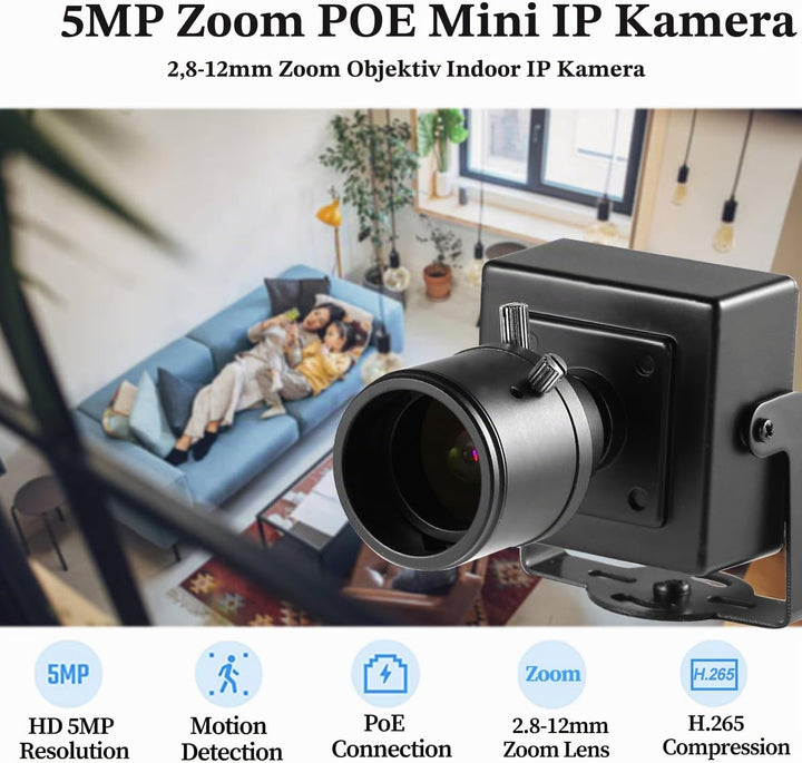 5MP Mini PoE IP Kamera, Ultra HD 2880x1620P 2.8-12mm Zoom Kamera, kompakte Netzwerk Home Indoor Secu