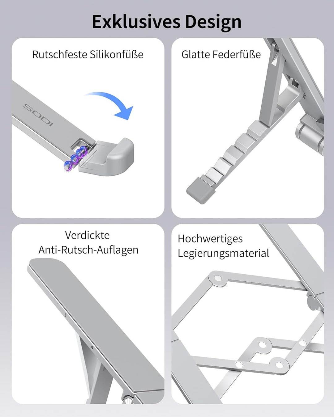 SODI Faltbarer Laptopständer 2-in-1, auch als Tablet-Ständer für iPad, 210 g leicht, 6-Fach Höhenver