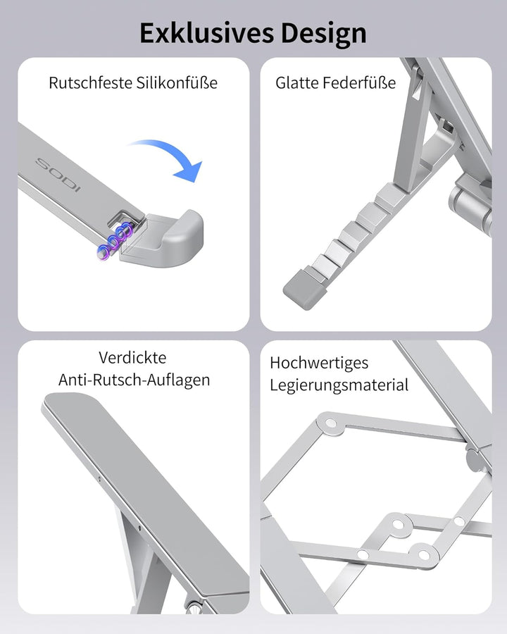 SODI Faltbarer Laptopständer 2-in-1, auch als Tablet-Ständer für iPad, 210 g leicht, 6-Fach Höhenver