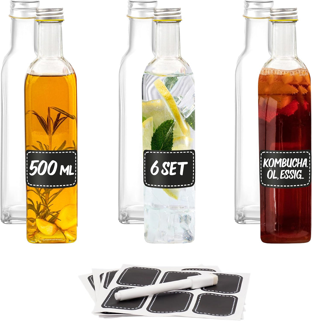 Praknu 6er Set Glasflaschen 500ml Schraubverschluss Eckig - Leere Flaschen zum Befüllen - 6 Etikette