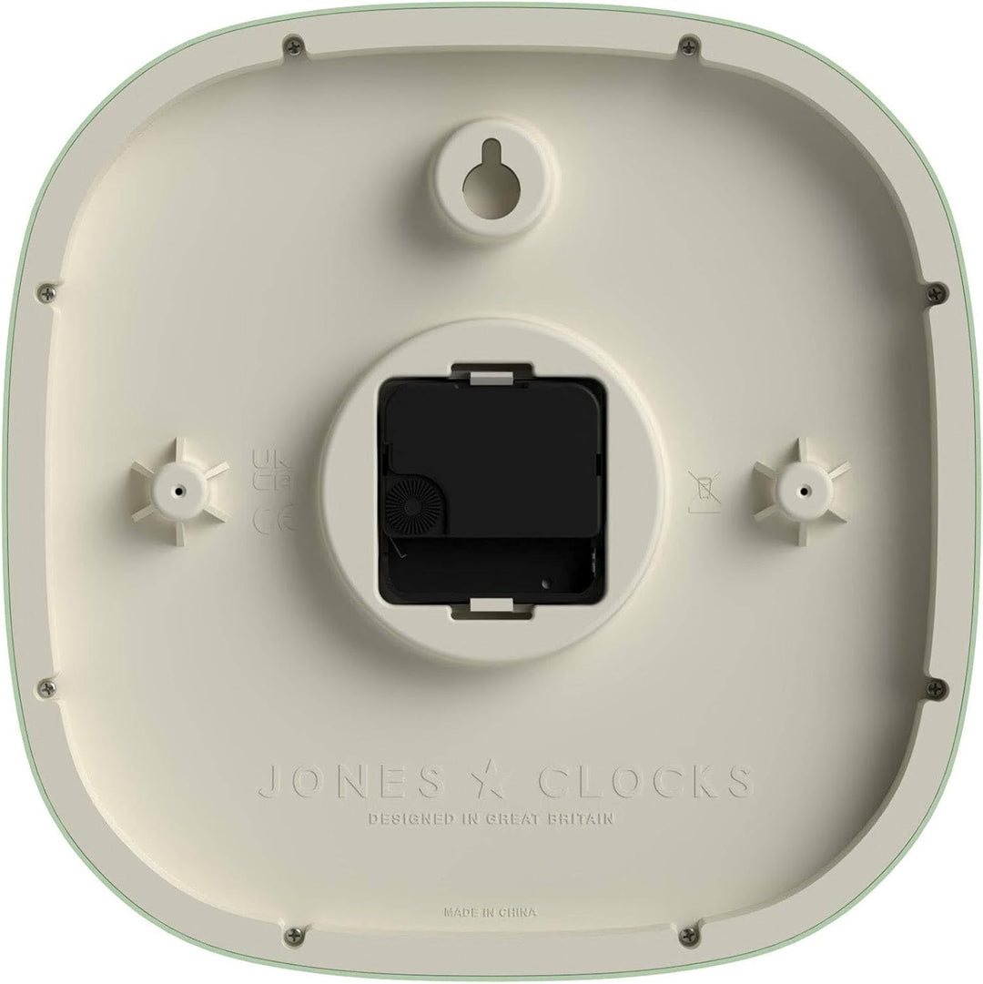 JONES CLOCKS Quadratische Retro-Wanduhr aus hochwertigem Acryl, 'Sprite' in Mintgrün, 25 x 25 x 5 cm