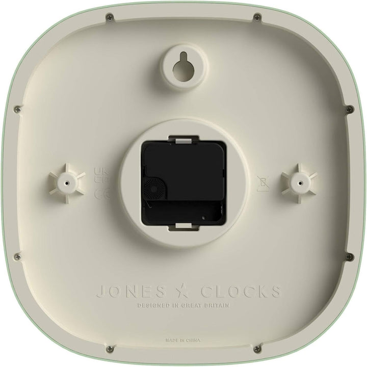JONES CLOCKS Quadratische Retro-Wanduhr aus hochwertigem Acryl, 'Sprite' in Mintgrün, 25 x 25 x 5 cm