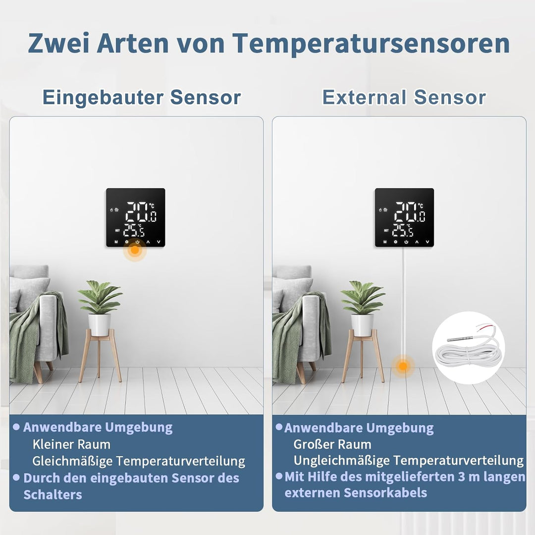 CNBINGO Smart Thermostat Unterputz mit Fühler, Digitaler Raumthermostat für Elektrische Heizung, kom