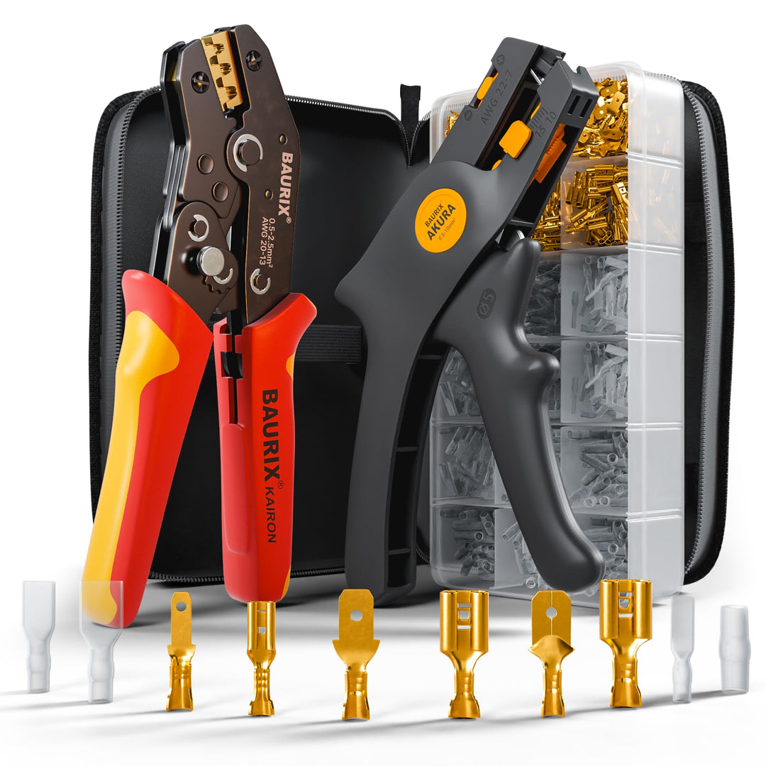 BAURIX® Crimpzange Set mit Abisolierzange & 300 Flachsteckhülsen 0,50–2,50mm² – Elektriker Werkzeug