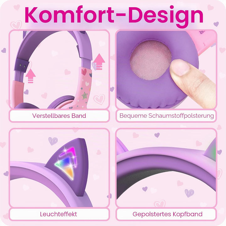 FosPower Kinderkopfhörer mit LED Katzenohren, 85dB Lautstärkebegrenzung, 3.5mm On-Ear Kabelgebundene
