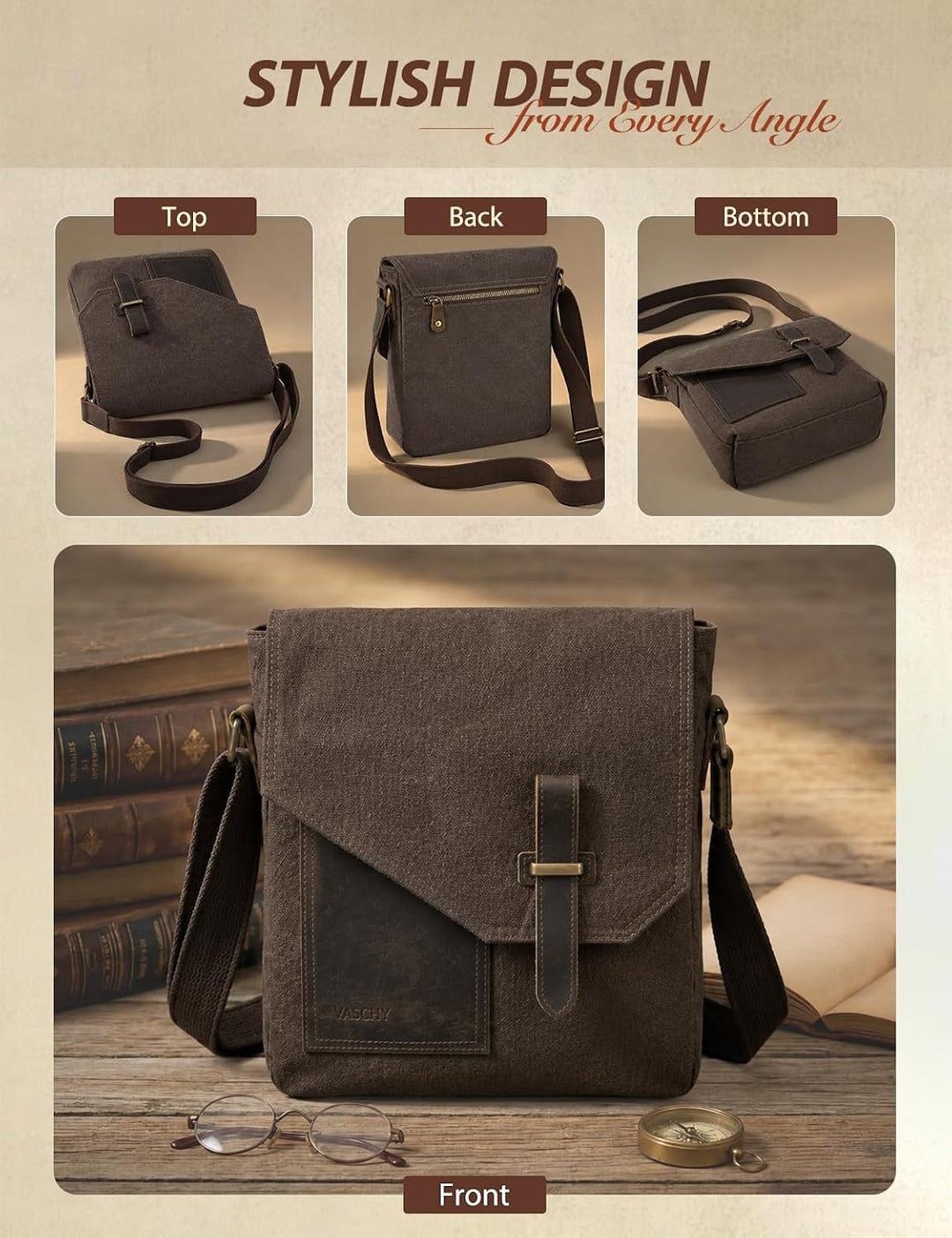 VASCHY Klein Umhängetasche Herren mit RFID-Schutz,Vintage Messenger Bag Herrentasche Schultertasche