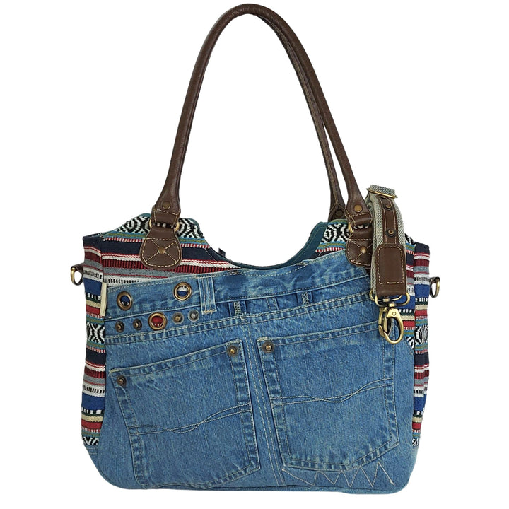Sunsa Damen Nachhaltige Handtasche aus recycelte Jeans Canvas & Leder. Vintage Still grosse Schulter