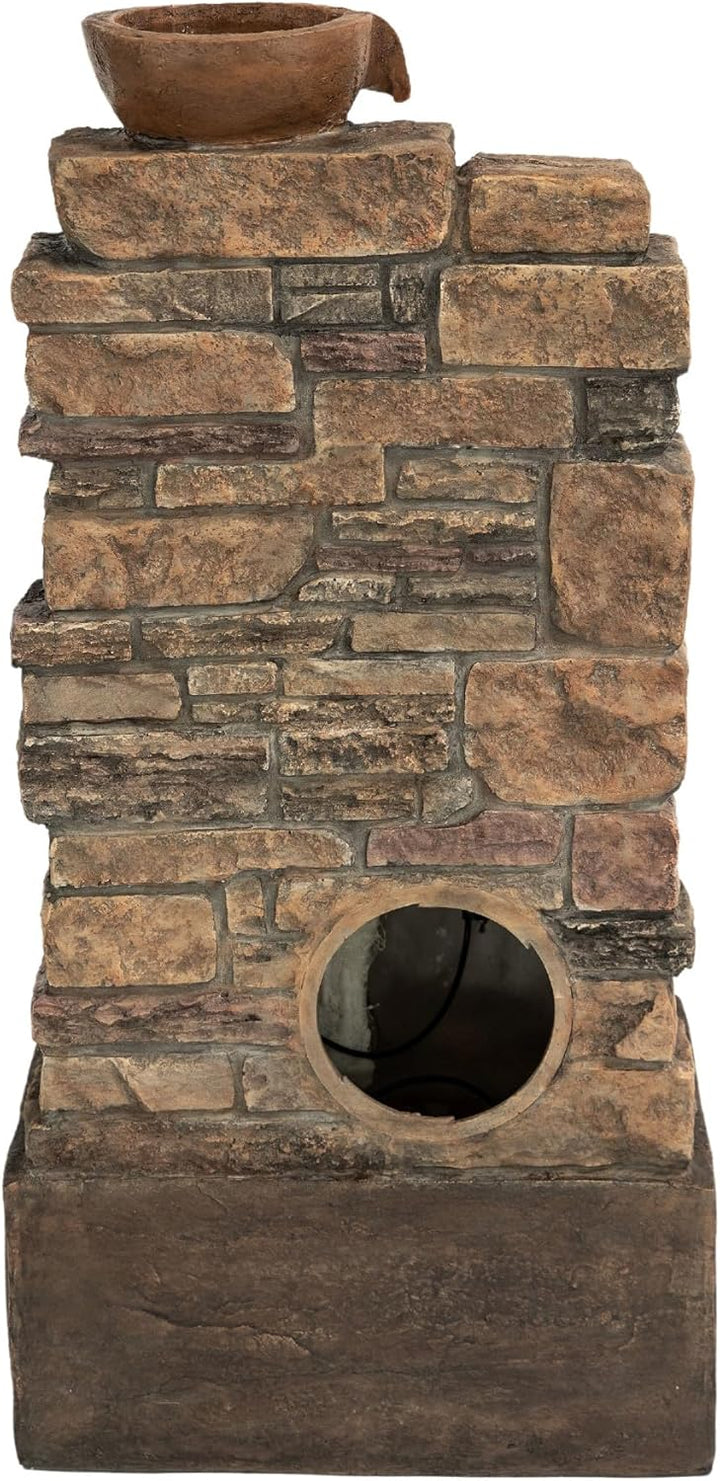 Teamson Home 4 stufiger Steinbrunnen Braun LED Wasserspiel Outdoor, Braun