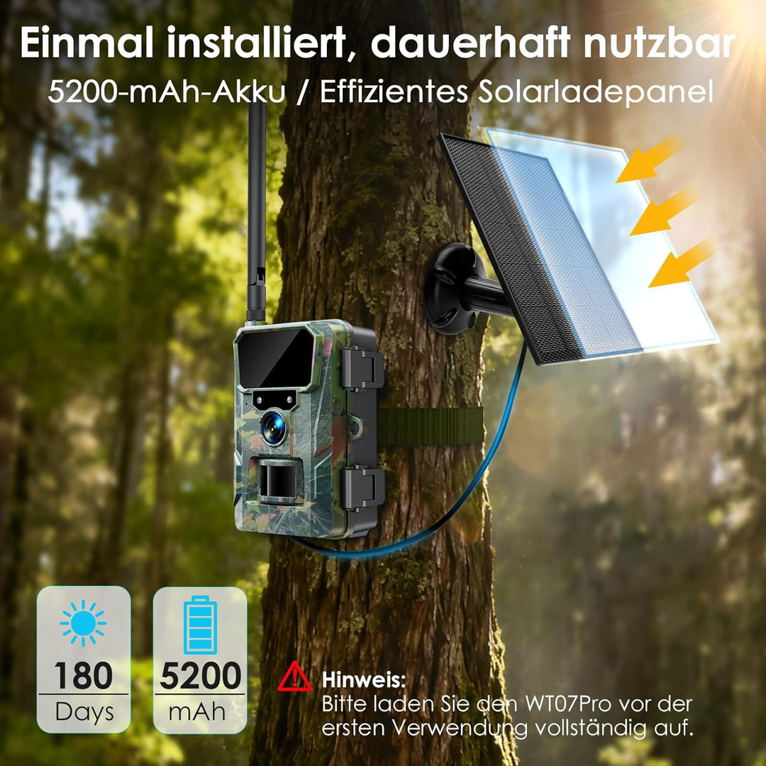 WOLFANG 4G/LTE Wildkamera Solar, 2K 48MP Live Übertragung Wildkamera mit Handyübertragung App, 5200H