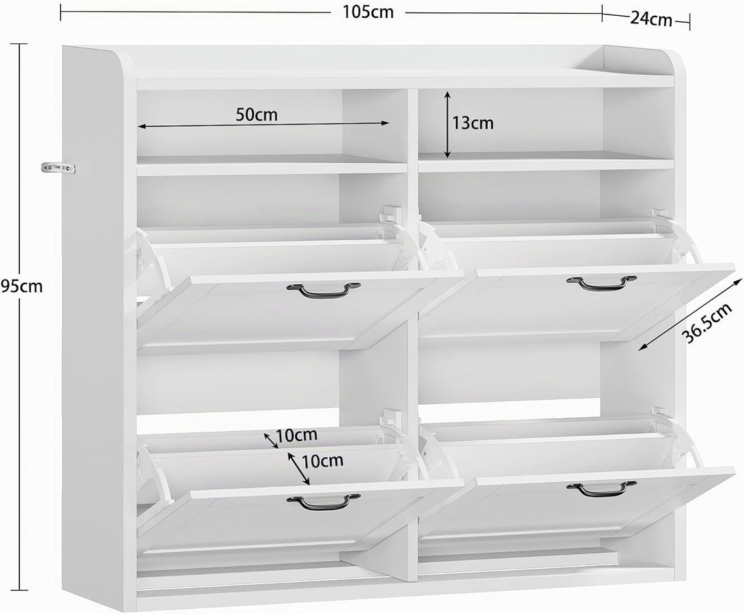 TEENFON Schuhschrank Schmal–105 cm breiter Schuhkipper mit 4 Klappen&amp;2 offenen Fächern, mit verstell