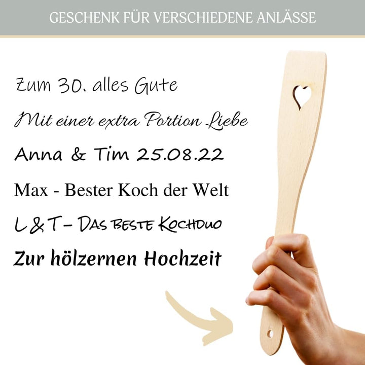 HOFMEISTER® Koch-Set Herz 3-teilig mit Gravur – 2 Kochlöffel und 1 Pfannenwender aus Buchenholz mit
