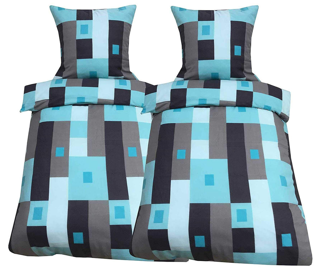 Leonado Vicenti Fleece Bettwäsche 200x220 cm Türkis Grau Karo Warme Garnitur Winter Set Bezug Kissen