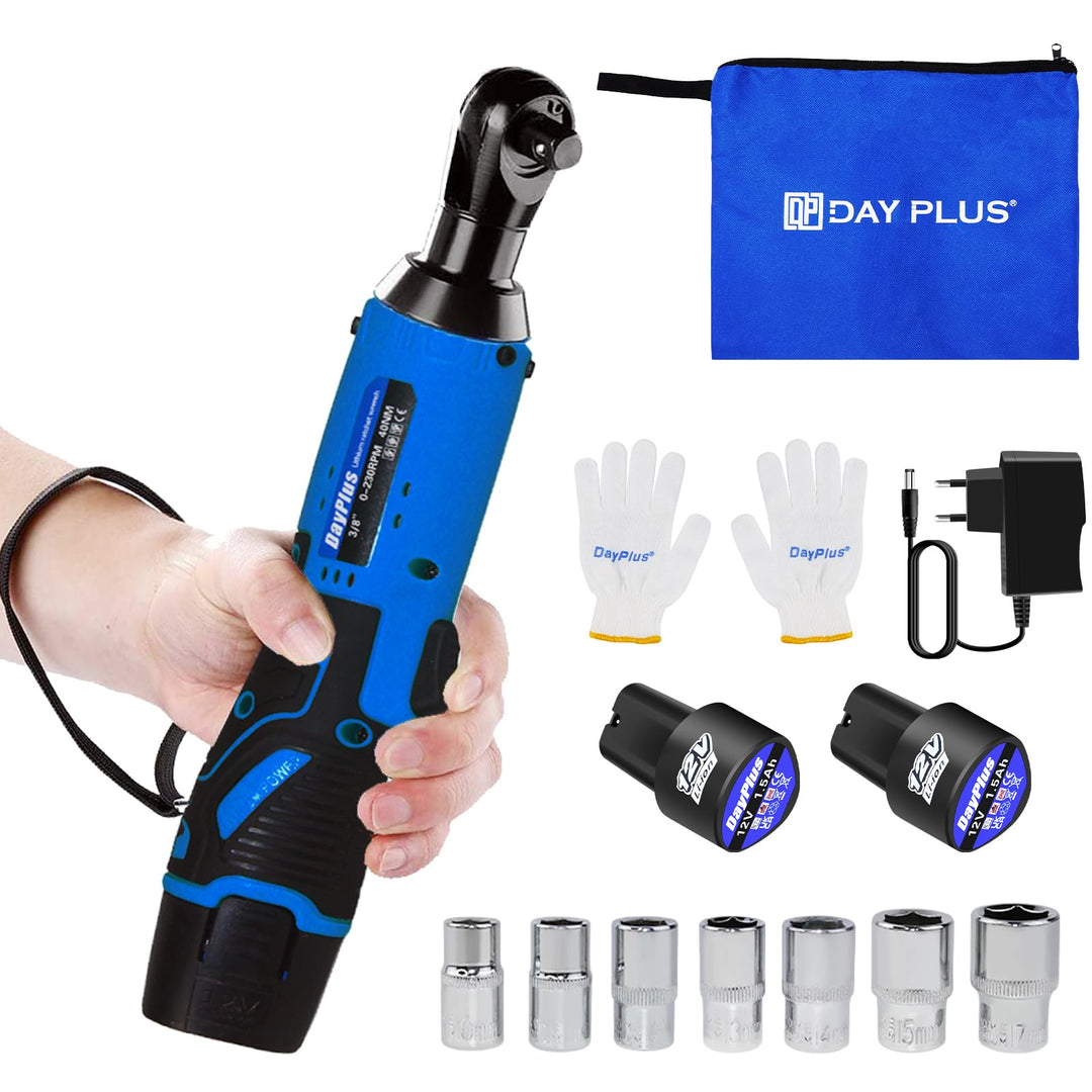 12V Akku Ratschenschlüsse 3/8 Zoll, 40Nm Elektrischer Ratschenschlüssel 2 x 1500mAh Akku, 7 Steckdos