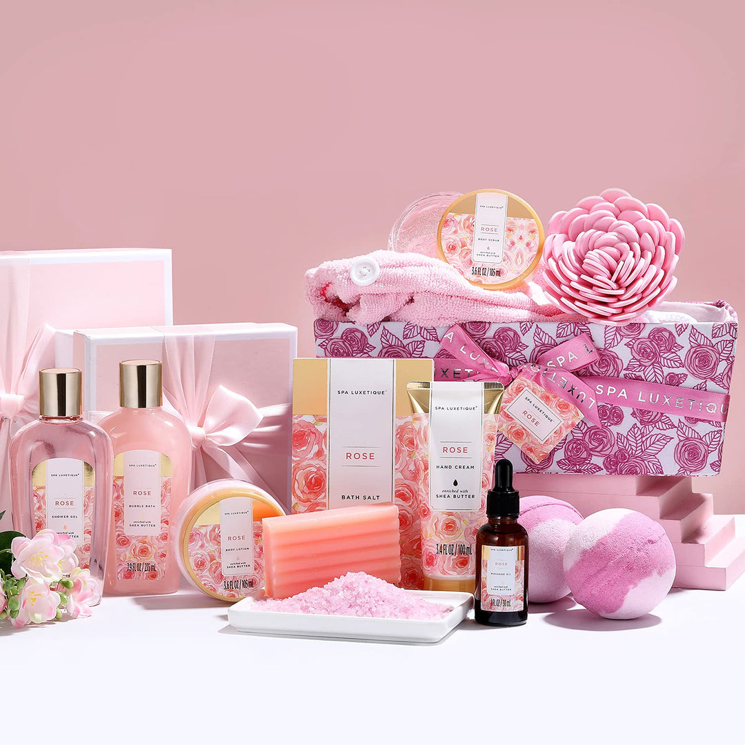 Geschenkkorb für Frauen, SPA LUXETIQUE 12tlg Rosenduft Bade Geschenkset, Valentinstag Geschenke für
