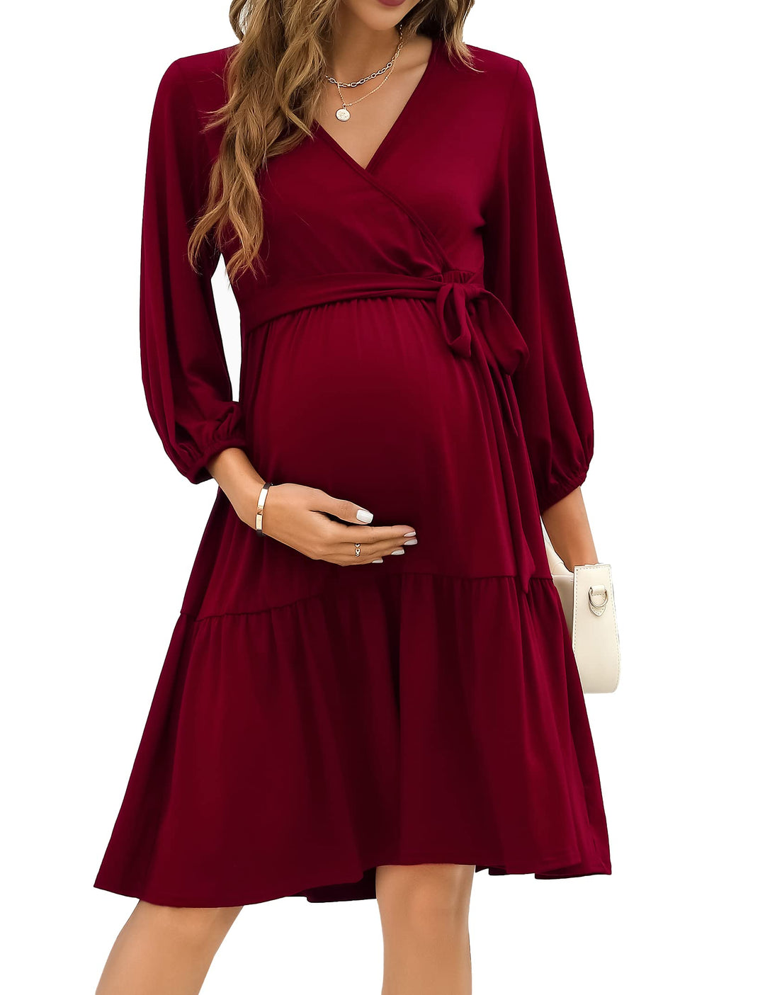 KOJOOIN Damen Umstandskleid V-Ausschnitt 3/4 Ärmel Stillkleid Rüschen Schwangerschafts Kleider mit G