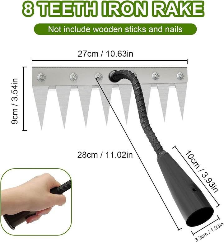 8 Zähne Unkrautrechen aus Karbonstahl,Garden Harke,Iron Rake 2.0,Rechen Garten Unkrauthacke,Heavy-Du