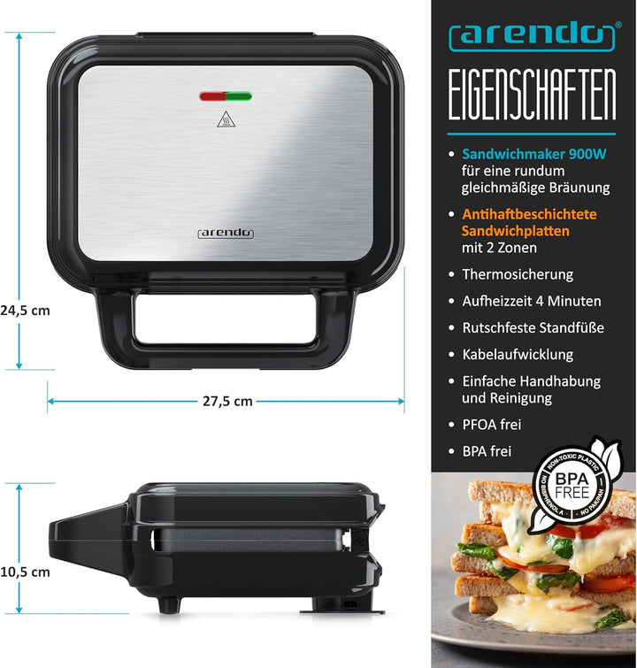Arendo - Sandwichmaker mit abnehmbaren Platten - Antihaftbeschichtung - BPA und PFOA frei - Temperat