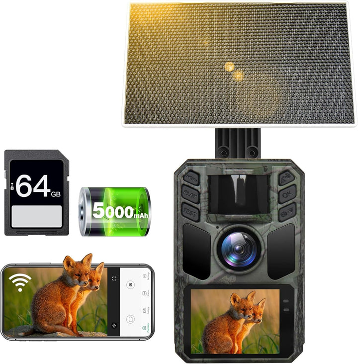 FKPCAM Wildkamera Solar WLAN mit Handyübertragung App, 4K HD Video 64MP Eingebaute 5000mAh Lithium-B