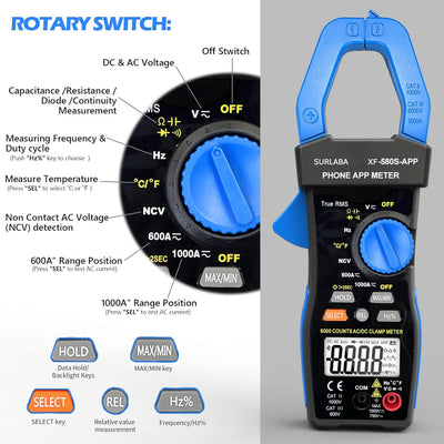 Bluetooth Strommesszange, AC DC Digital Clamp Meter 6000Count TRMS, NCV Voltmeter Amperemeter Ohmmet