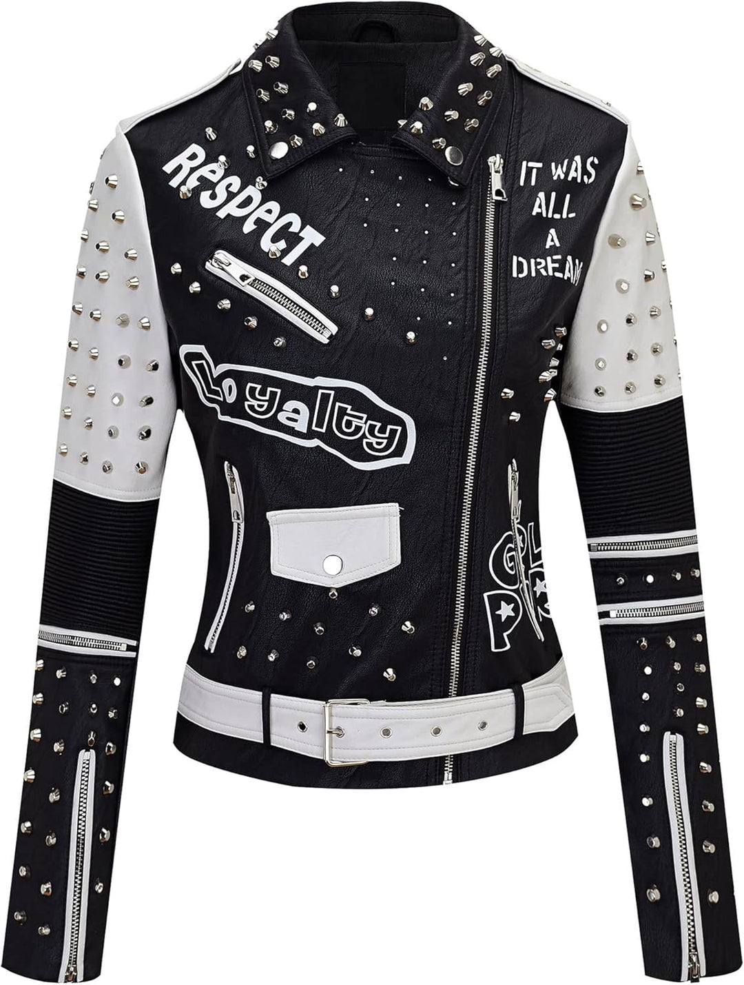 Giolshon Damen Kunstleder Jacke Nieten Floral Moto Biker Kurzer Revers Mantel 3XL 0376_Schwarz, 3XL