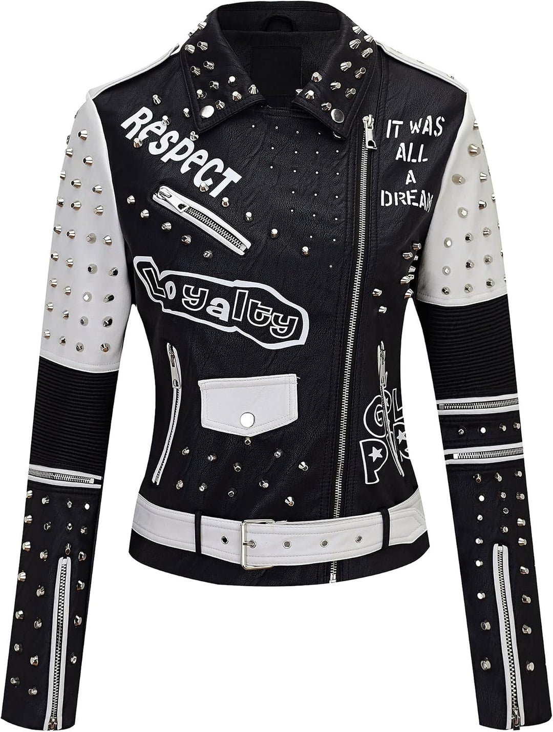Giolshon Damen Kunstleder Jacke Nieten Floral Moto Biker Kurzer Revers Mantel XL 0376_Schwarz, XL 03