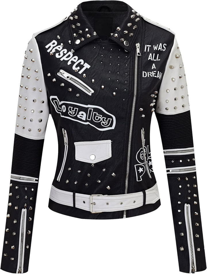 Giolshon Damen Kunstleder Jacke Nieten Floral Moto Biker Kurzer Revers Mantel 3XL 0376_Schwarz, 3XL