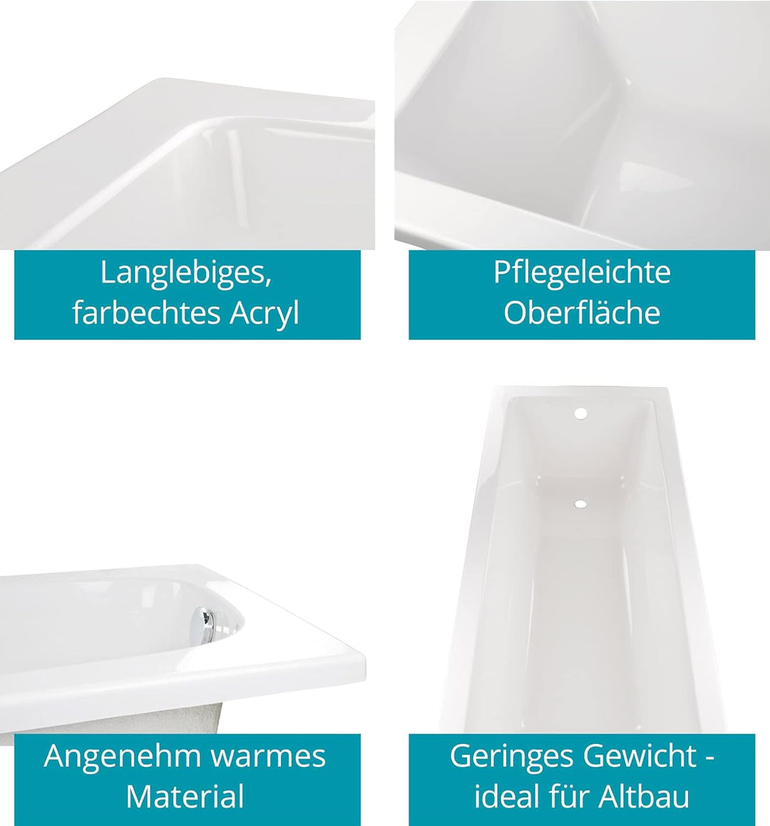 Calmwaters® Rechteck-Badewanne 170x75 cm, Acrylwanne Modern Square, ergonomische Körperformbadewanne