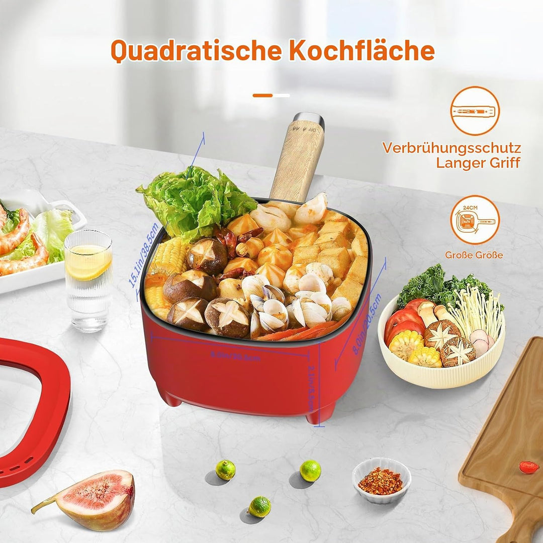 Audecook Elektrischer Hot Pot mit Dampfgarer, 2L/20cm Antihaft Elektropfanne mit Keramikglasur, Trag