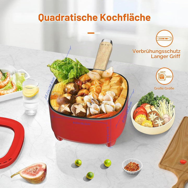 Audecook Elektrischer Hot Pot mit Dampfgarer, 2L/20cm Antihaft Elektropfanne mit Keramikglasur, Trag
