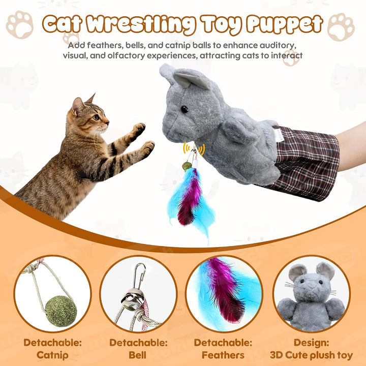 Katzen Wrestling Handschuh, interaktive Katzenspielzeug Handpuppe mit Katzenminze, Federn &amp; Glöckche