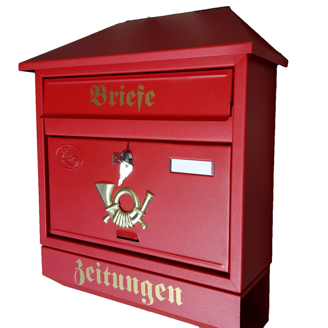 Grosser Briefkasten/Postkasten XXL Rot/Matt mit Zeitungsrolle Zeitungsfach Schrägdach Trapezdach