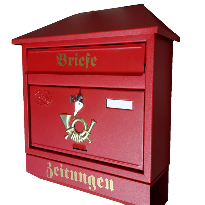 Grosser Briefkasten/Postkasten XXL Rot/Matt mit Zeitungsrolle Zeitungsfach Schrägdach Trapezdach