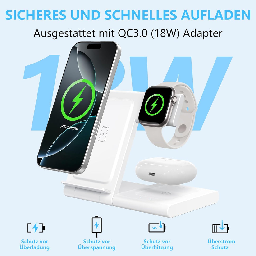 3 in 1 Induktions Ladestation für iPhone 17/16/15/14/13/12, Schnellladegerät 15W für Apple Watch Ult