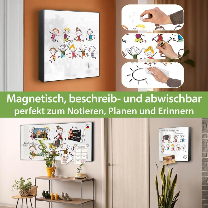 banjado® Grosser Schlüsselkasten Glas/Schlüsselbox 30cm x 30cm mit 50 Haken - Motiv Happy Kids/Schlü