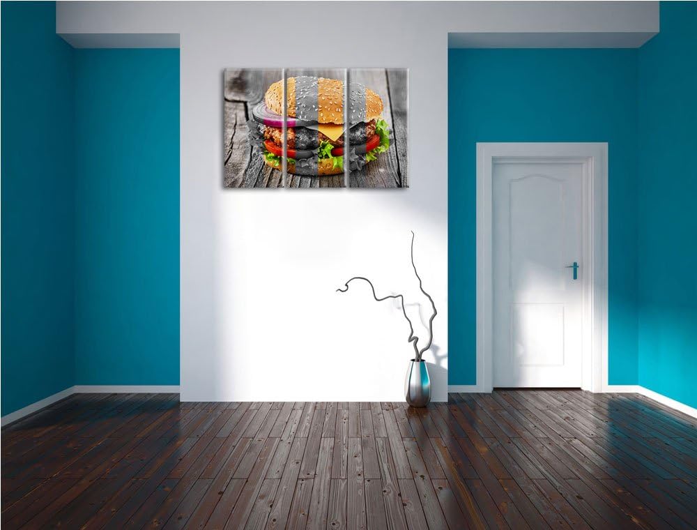 Saftiger Cheeseburger schwarz/weiss 3-Teiler Leinwandbild 120x80 Bild auf Leinwand, XXL riesige Bild