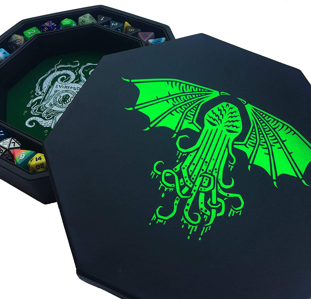 Fantasydice-Cthulhu Tome-Green - Dice Tray - 20CM Octagon with Lid and Dice Staging Area- Holds 5 Se