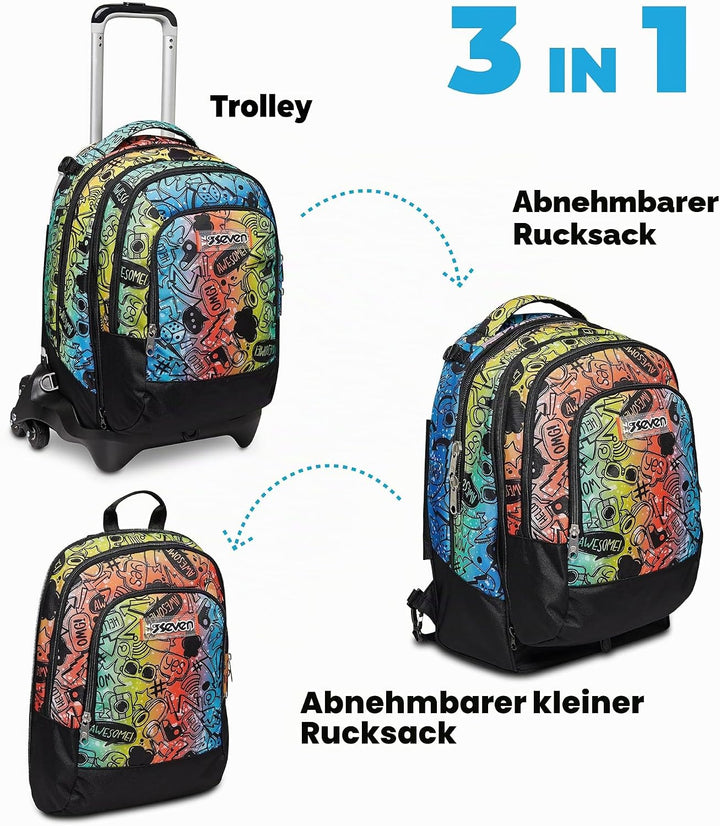 Seven Schulranzen mit Trolley-Funktion, Rucksack mit Rollen, zum Ziehen, für Schule Sport Freizeit,