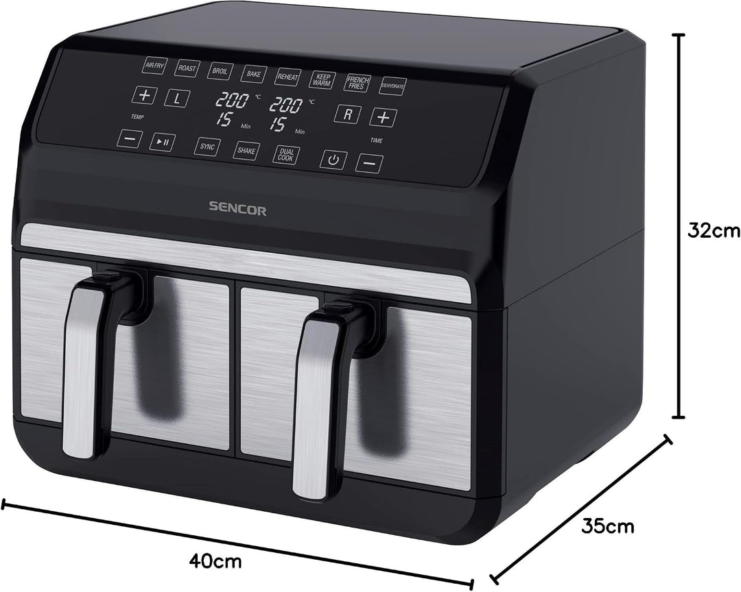 Sencor Luftfritteuse Air Fryer, Doppelfachfach, Luftzirkulationstechnologie, hohe Geschwindigkeit, b