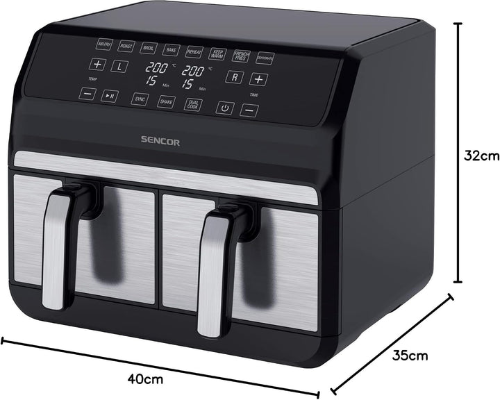 Sencor Luftfritteuse Air Fryer, Doppelfachfach, Luftzirkulationstechnologie, hohe Geschwindigkeit, b