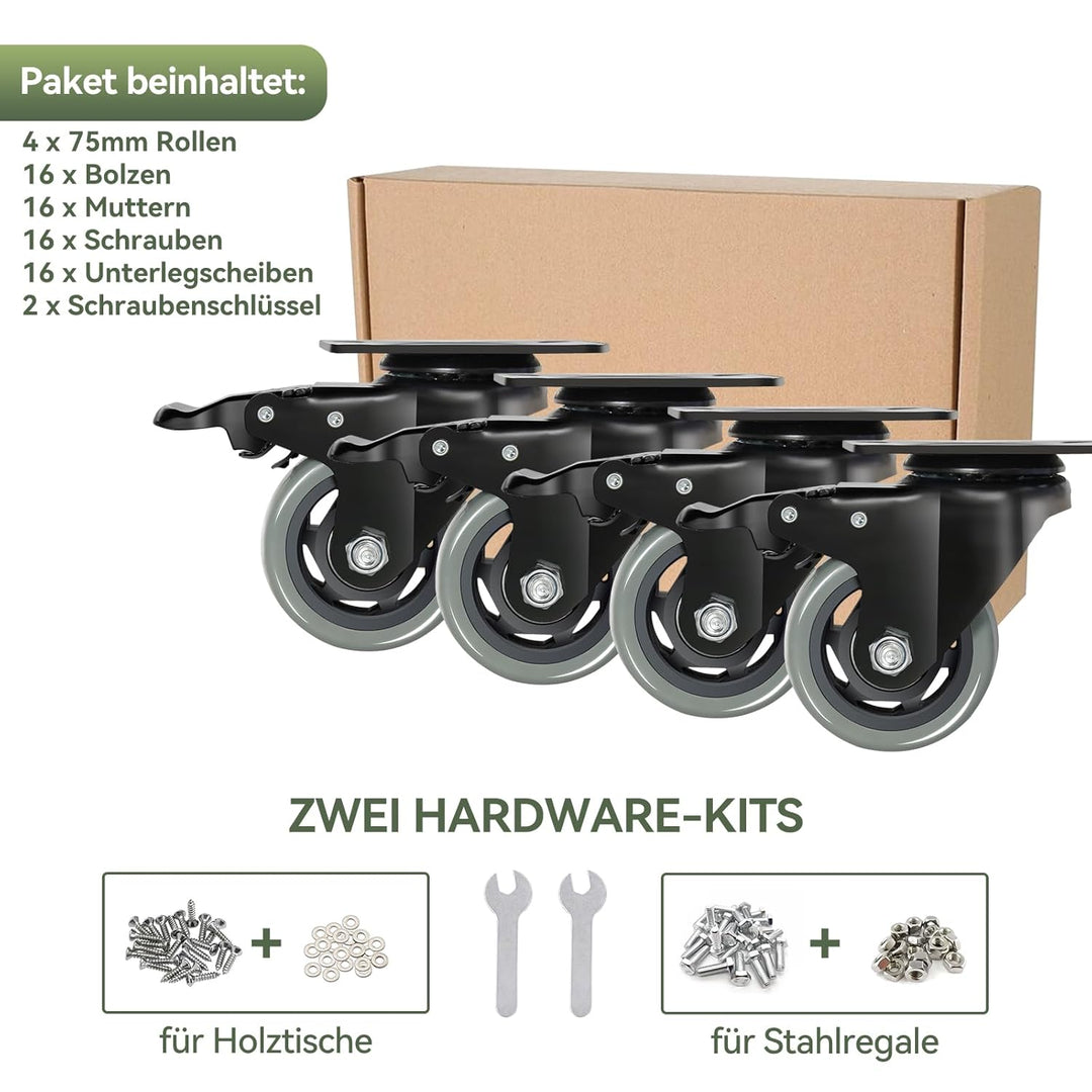 BAOLIHUI 75mm Graue Schwerlastrollen mit Bremse - Möbelrollent bis zu 500KG, 360° Beweglichkeit - 4e
