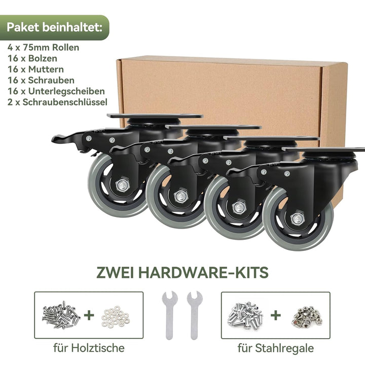 BAOLIHUI 75mm Graue Schwerlastrollen mit Bremse - Möbelrollent bis zu 500KG, 360° Beweglichkeit - 4e
