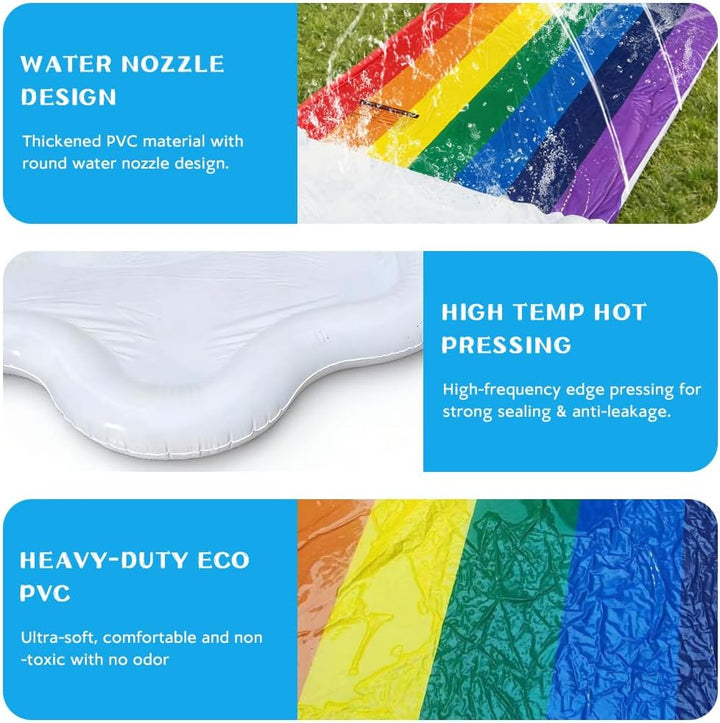 Wasserrutsche Garten für Kinder,480x140CM Regenbogen Doppel Wasserrutschmatte mit 2 Bodyboards 5 Rep