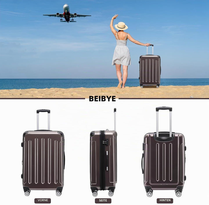 BEIBYE Hartschalen Koffer Trolley Rollkoffer Reisekoffer 4 Zwillingsrollen Polycabonat (Coffee, Koff