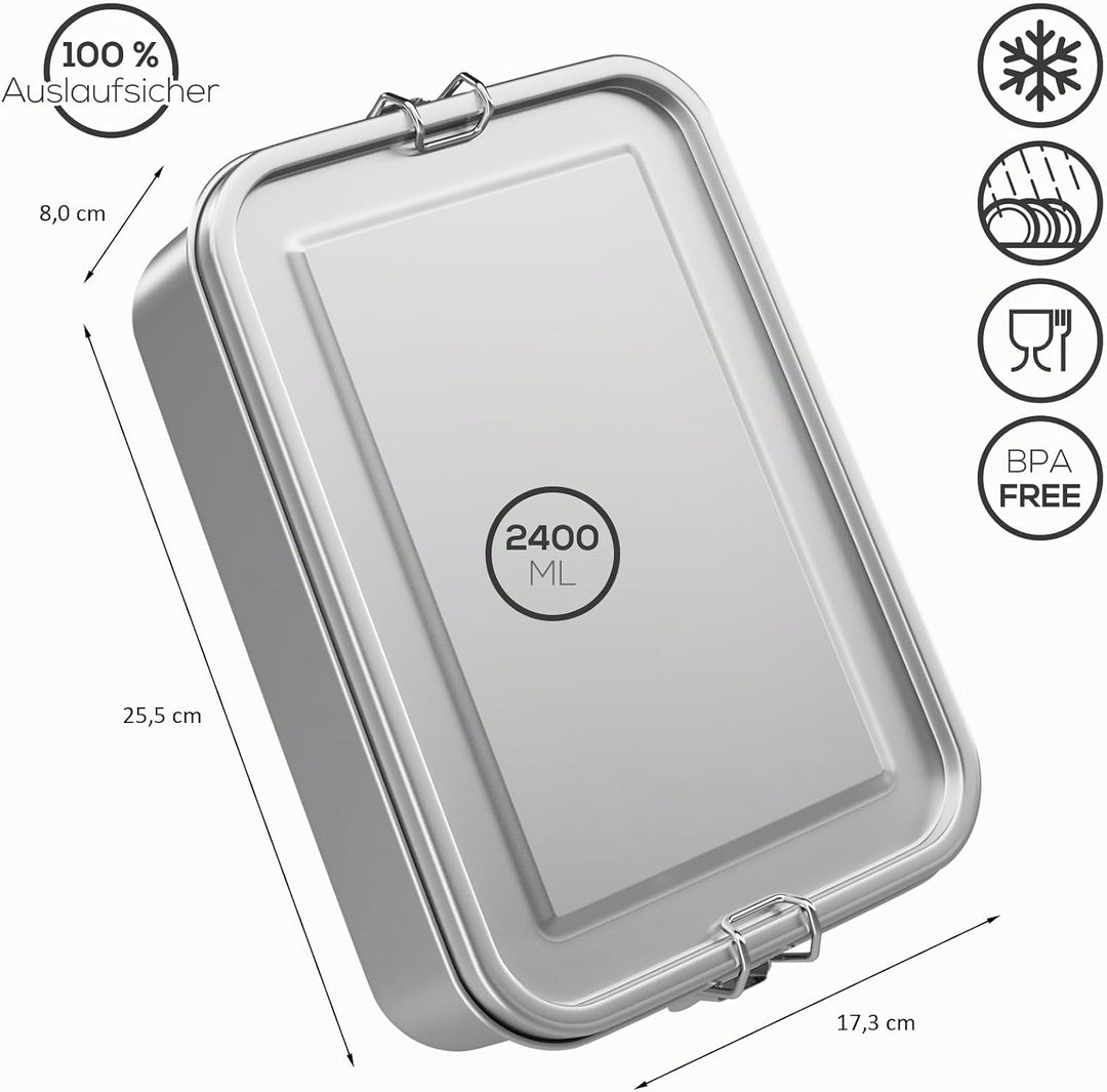 WELLGRO Edelstahl Dosen eckig - 550ml 850ml 1400ml 2400ml auslaufsicher Metall Brotdose Lunchbox, Ka