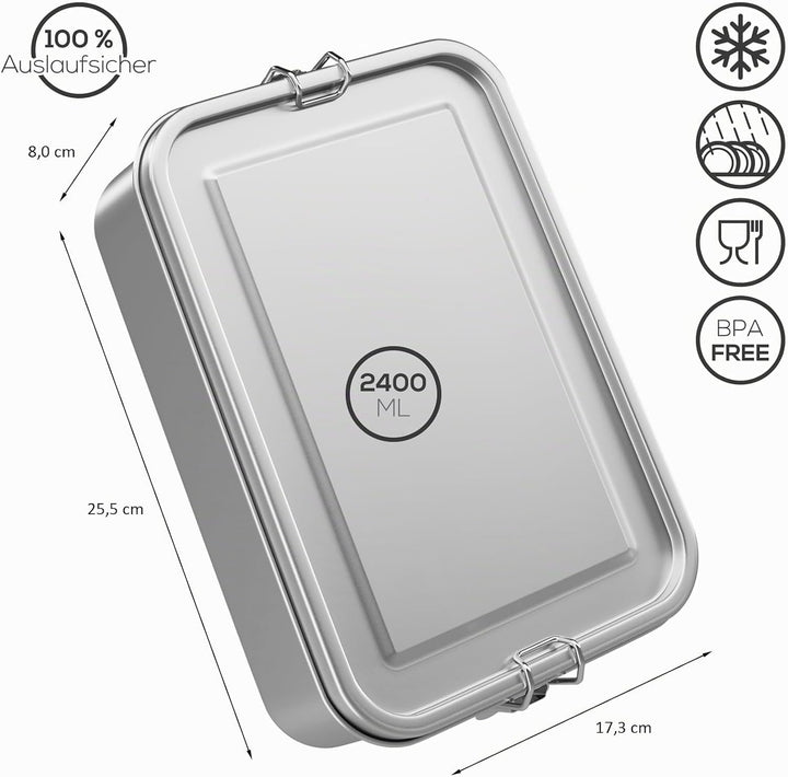 WELLGRO Edelstahl Dosen eckig - 550ml 850ml 1400ml 2400ml auslaufsicher Metall Brotdose Lunchbox, Ka