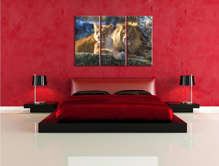 Pixxprint interessiertes Löwenpaar Kunst als Leinwandbild/Grösse: 3 Teilig (120x80) cm/Wandbild/Kuns