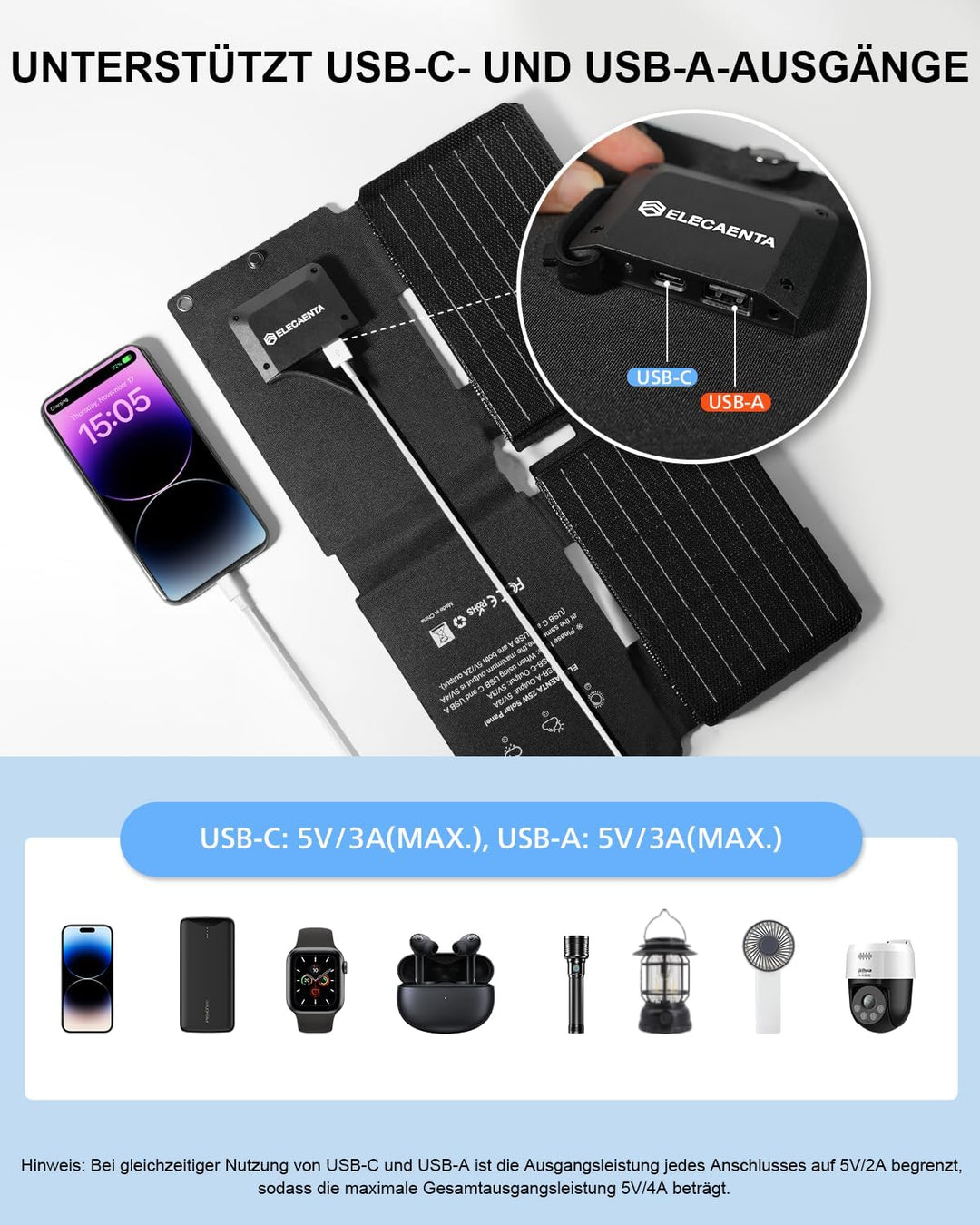ELECAENTA 25W ETFE Tragbar Solar Ladegerät, Taschenformat Mini Faltbares Solarpanel mit USB-A & USB-
