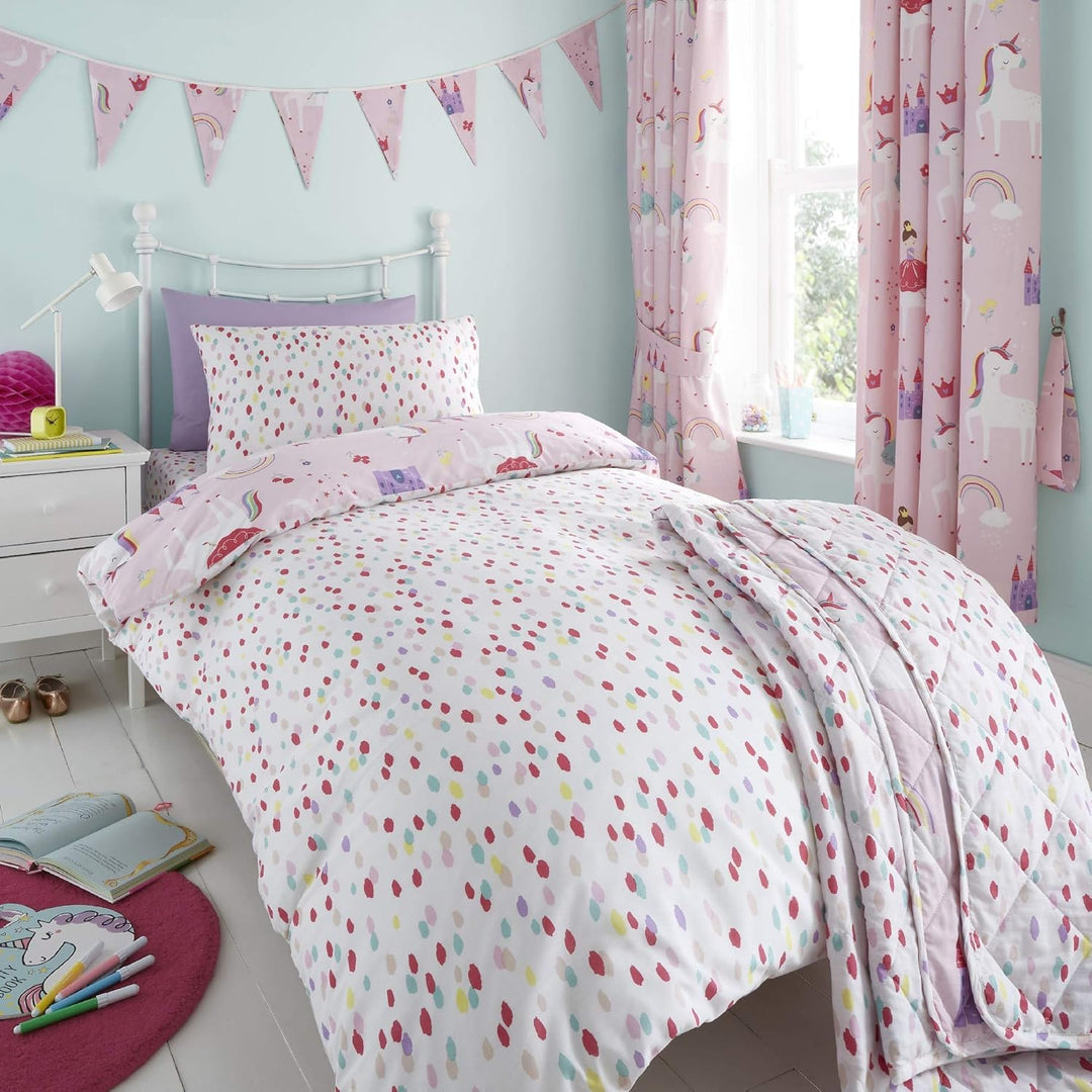 Happy Linen Company Mädchen Bettwäsche-Set - Einhörner, Prinzessin & Regenbögen - wendbar - Rosa - E