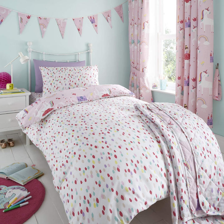 Happy Linen Company Mädchen Bettwäsche-Set - Einhörner, Prinzessin & Regenbögen - wendbar - Rosa - E